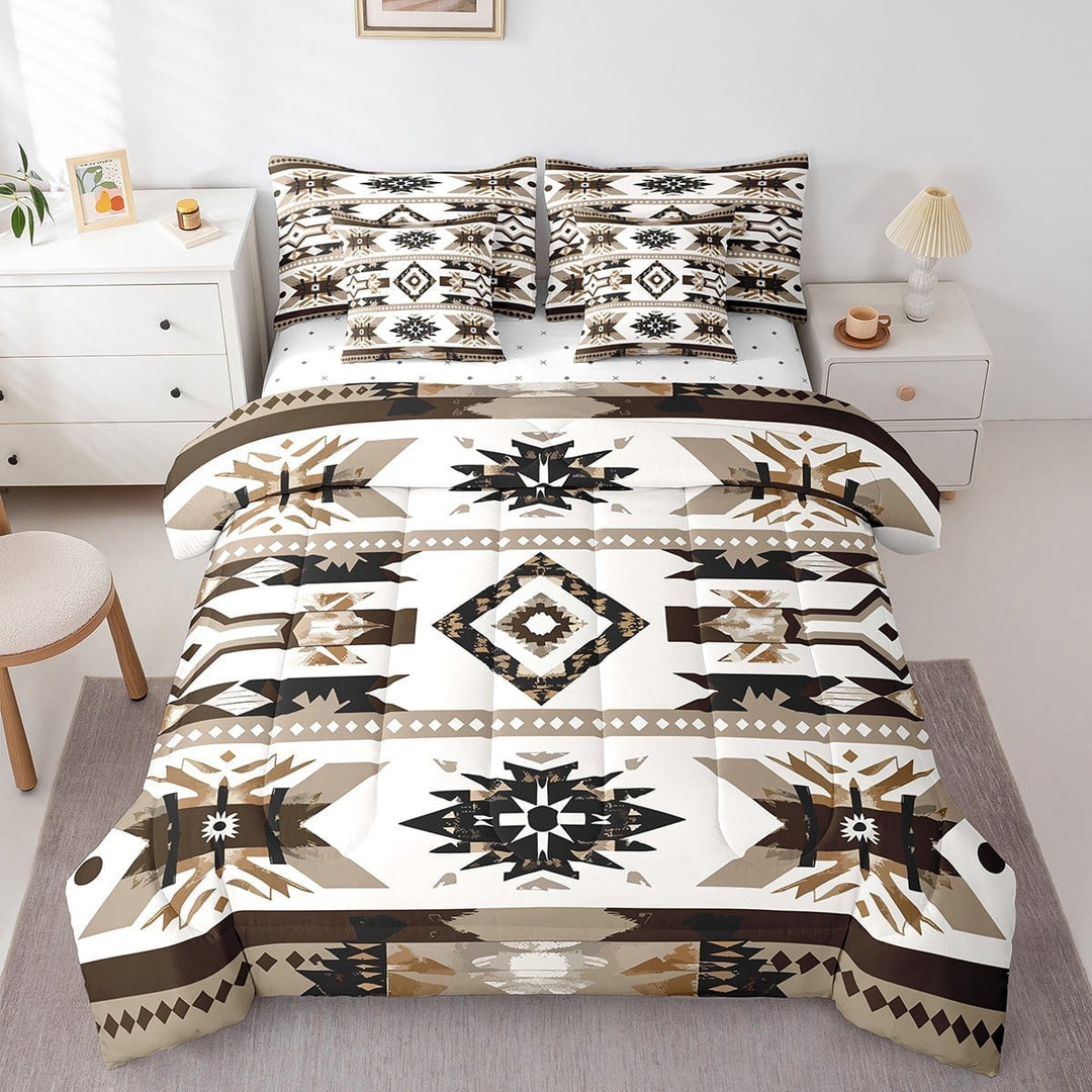 Western Bed in a Bag Queen Comforter Set 7 Piece,Southwestern Sheet Set with Comforter,Geometric Aztec Bedding Sets,Tribal Geometry Bed Set Vintage Arrow Western Bedroom Decor