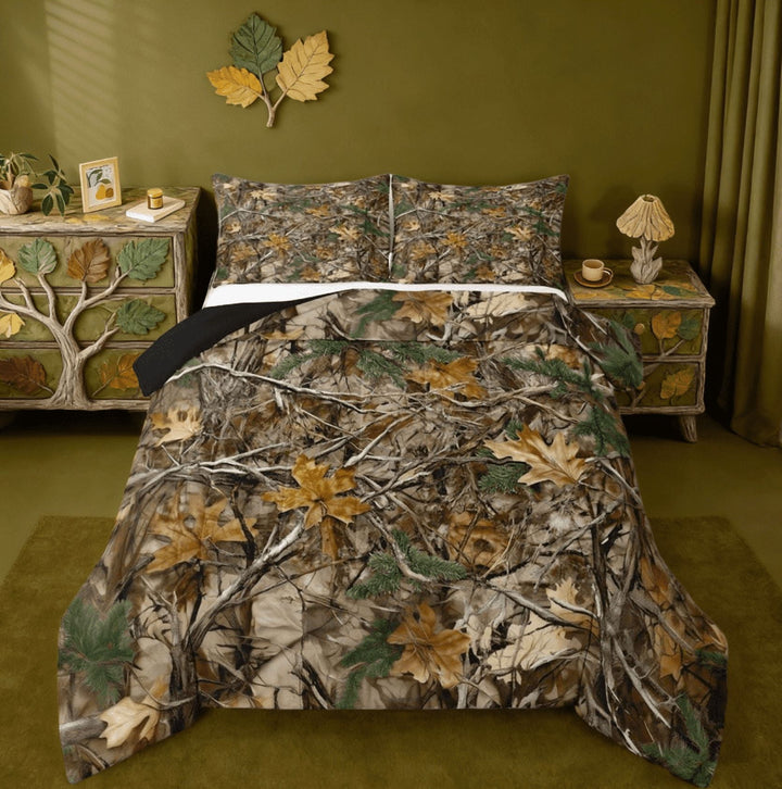 Manfei Rustic Camo Full Size Comforter Sets,Farmhouse Cabin Lodge &amp; Camping Tree Leaves Bedding Sets Reversible 3pcs