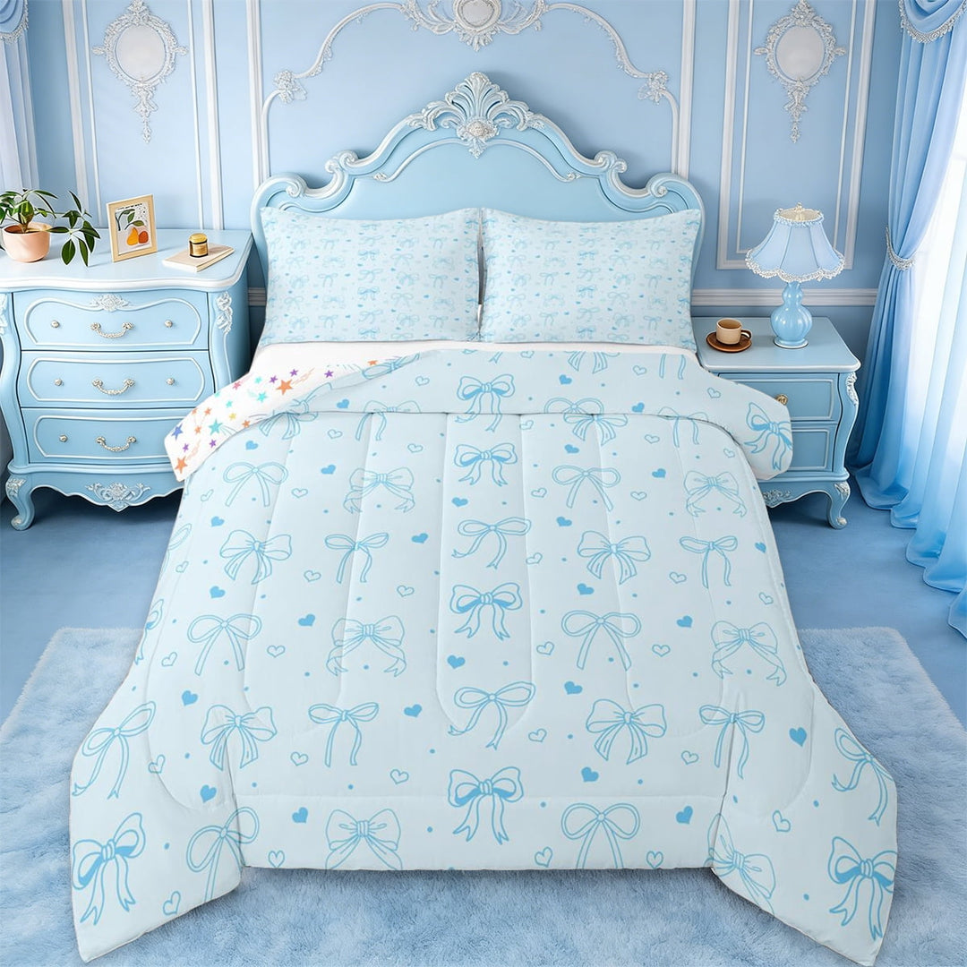 jejeloiu Cute Cartoon Bow Twin Comforter Sets,Blue Bowknot Bedding Set For Bowtie Girl Reversible 2pcs