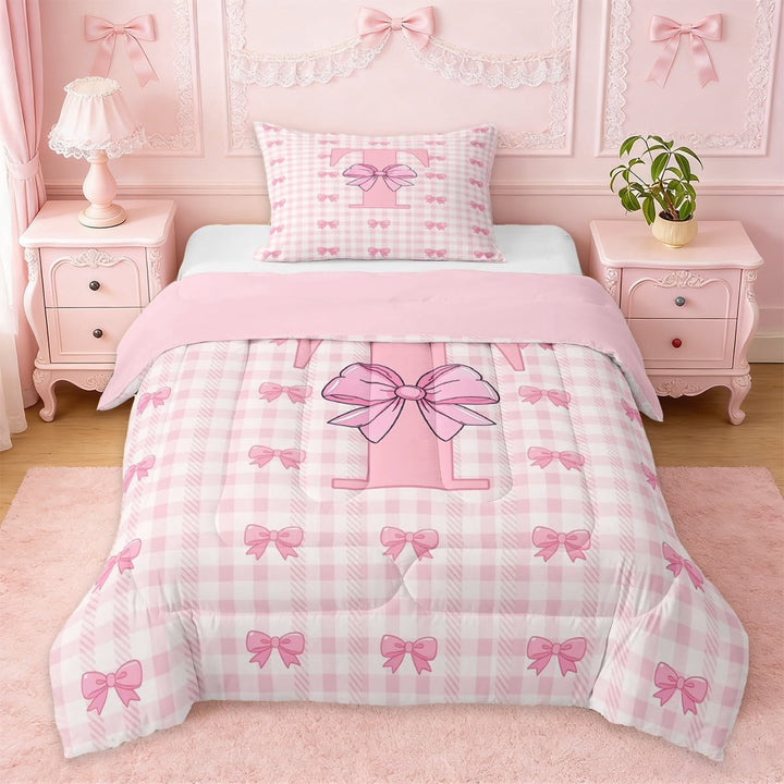Erosebridal Lovely Bow Tie Twin Comforter Sets For Girls,Pink Initial Letter T Themed Bedding Set,Pink Reversible,2-Piece
