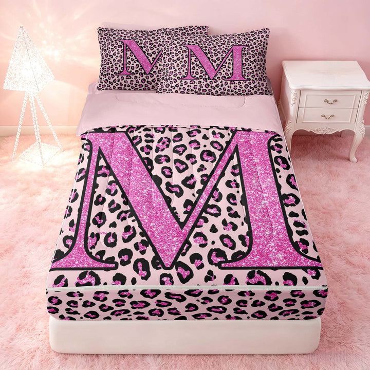 meiyoeat Glitter Leopard Print Letter M Zipper Full Size Comforter Sets with Fitted Sheet and 2 Pillowcases, Girls Teens, Pink Sparkle Monogrammed Zipper Bedding Set, Pink Reversible