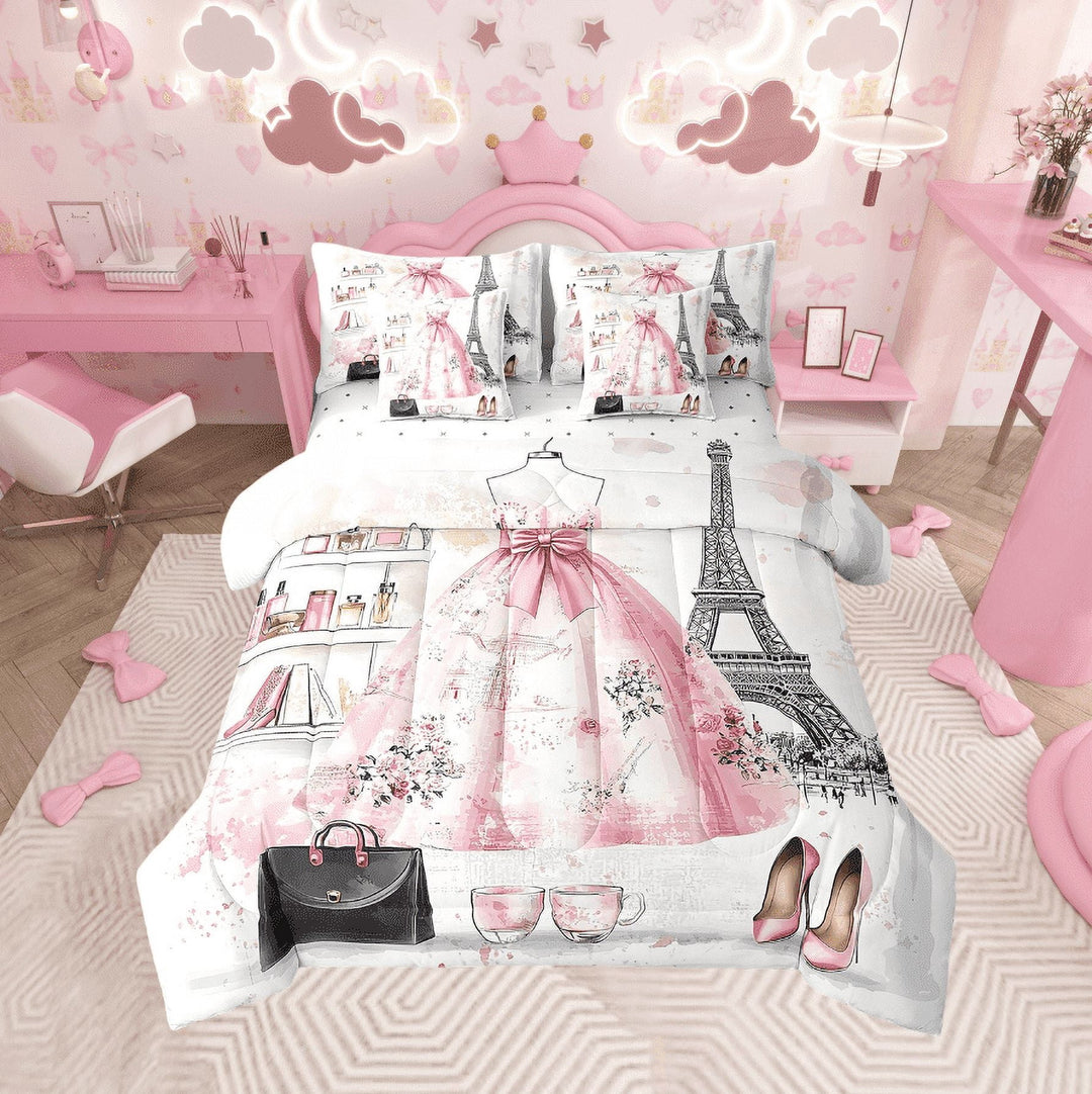 Fashion Girly Dresses Bedding Sets 7 Piece Modern Black White Polka Dots Bed in a Bag King Floral Perfume Print Comforter Set with Sheets Romantic Makeup Themed Bed Set Pink Dresse Decor Sheets