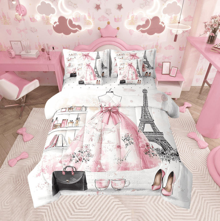 Fashion Girly Dresses Bedding Sets 7 Piece Modern Black White Polka Dots Bed in a Bag King Floral Perfume Print Comforter Set with Sheets Romantic Makeup Themed Bed Set Pink Dresse Decor Sheets
