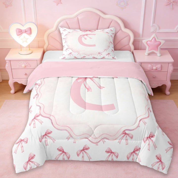 Erosebridal Kids Bow Personalized Gifts Twin Comforter Sets,Kawaii Bowtie Theme Alphabet C Bedding Set For Girls,Reversible pink,2 Pieces