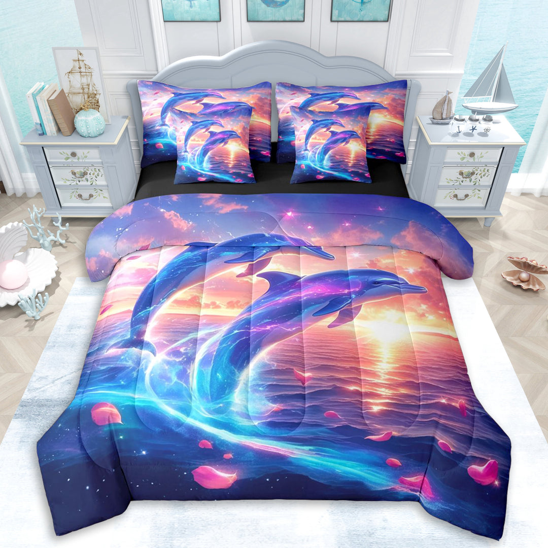 Erosebridal Teens Sea Dolphins Twin Bedding Sets 7-Piece,Boys Girls Romantic Rose Ocean Sunset Bedding Comforter Set,Black Reversible,Microfiber Bedroom Decor