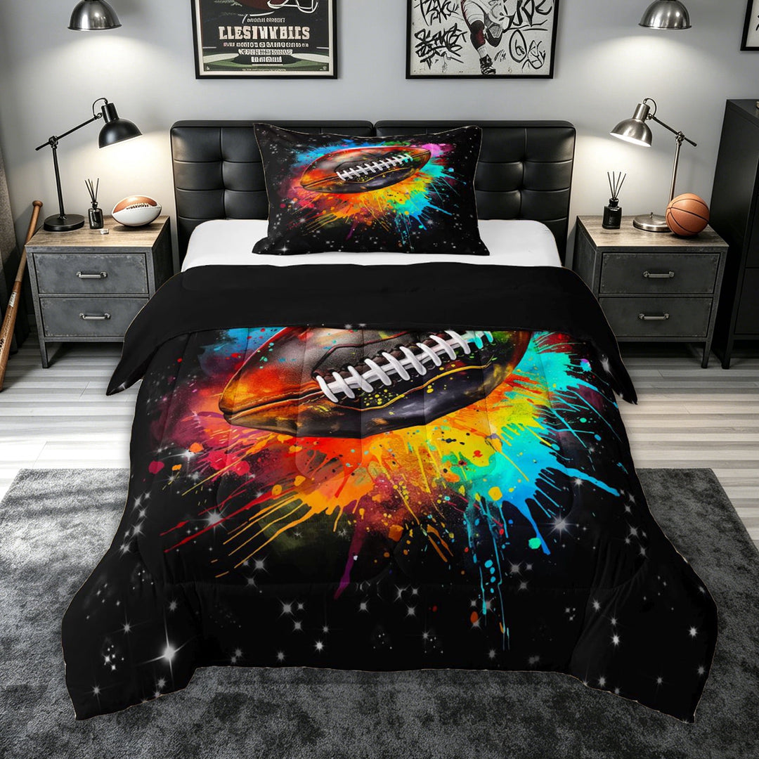 meiyoeat Rainbow Football Full Size Comforter Sets for Kids Boys, Watercolor Graffiti Art Bedding Comforter Set for Bedroom, Black, Black Reversible, 3 Pieces
