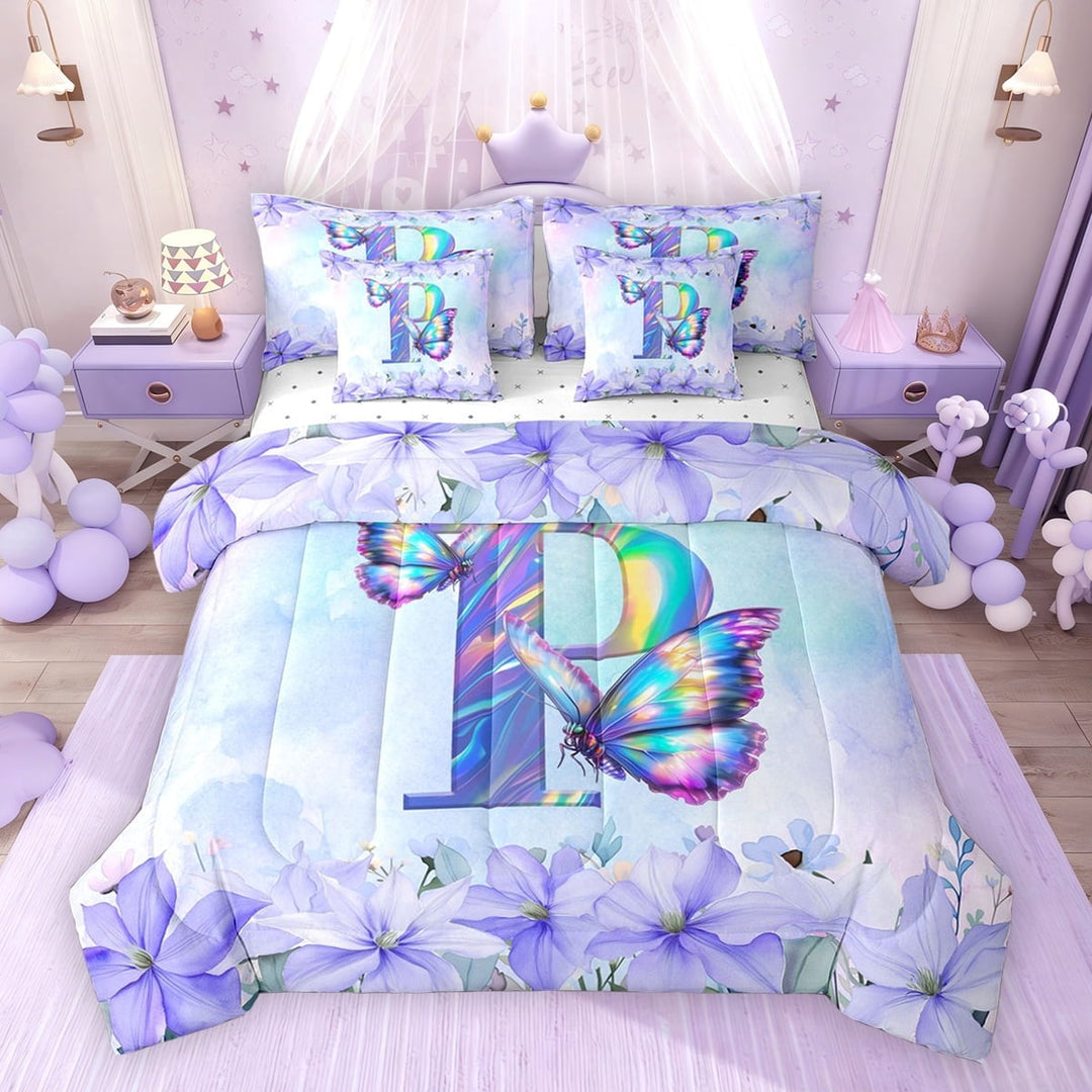 Erosebridal Purple Butterfly Twin Bedding Sets for Girls, Garden Flower Floral Bedding Comforter Set, Initial P, Reversible, 7pcs