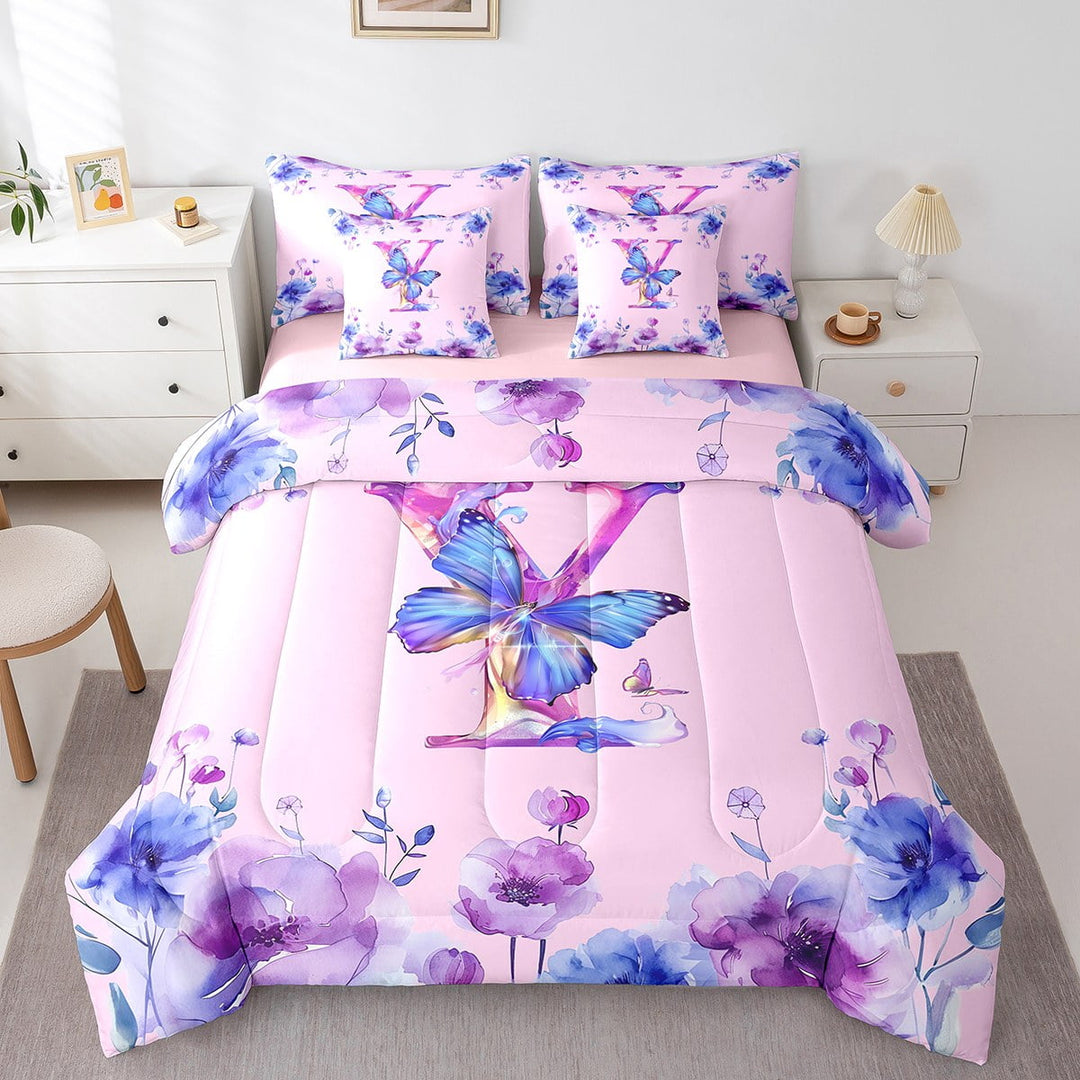 Erosebridal Initial Letter Y Bed in a Bag Twin Size,Monogrammed Theme Bed Set,Butterfly Flower Floral Bedding Twin Size,Super Cozy Room Decorative Reversible,7 Pieces
