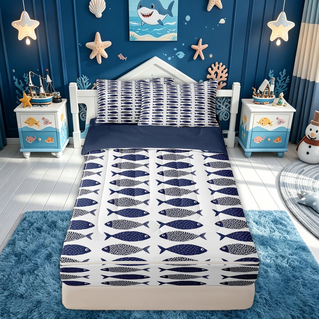 meiyoeat Ink Pike Fish Zipper Comforter Set with Fitted Sheet and 2 Pillowcases for Men Boys, Kawaii Rustic Animal Zipper Bedding Set, White Navy, Blue Reversible, 3pcs