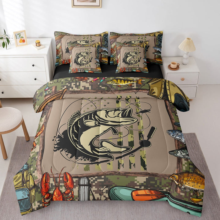 Fishing And Hunting Twin Comforter Set 7 Piece,Camo American Flag Fishing Bed in A Bag With Sheet Set Adults Rustic Big Bass Pike Fish Bedding Set Farmhouse Cabin Bed Set