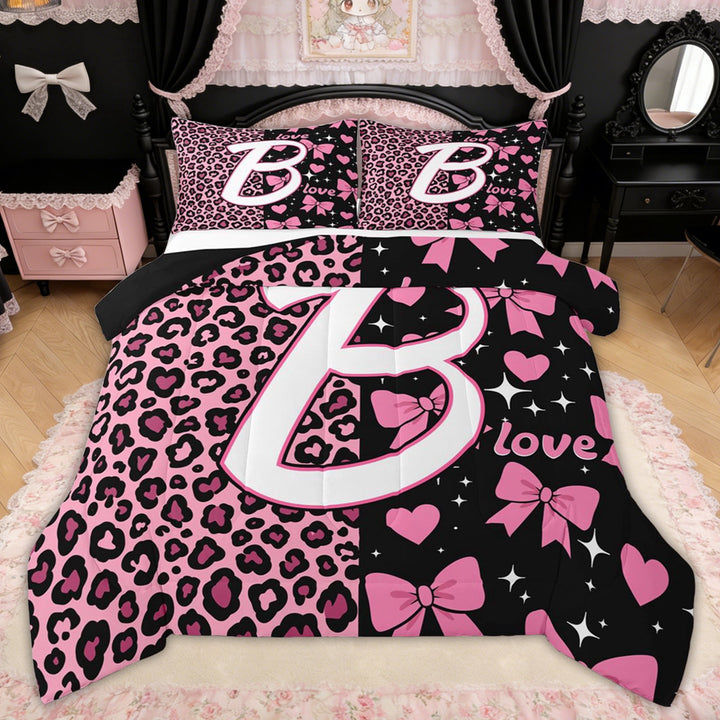 Erosebridal Black Pink Initial B Full Size Comforter Sets for Girls, Cheetah Print Bow Bedding Sets, Black Reversible, 3-Piece