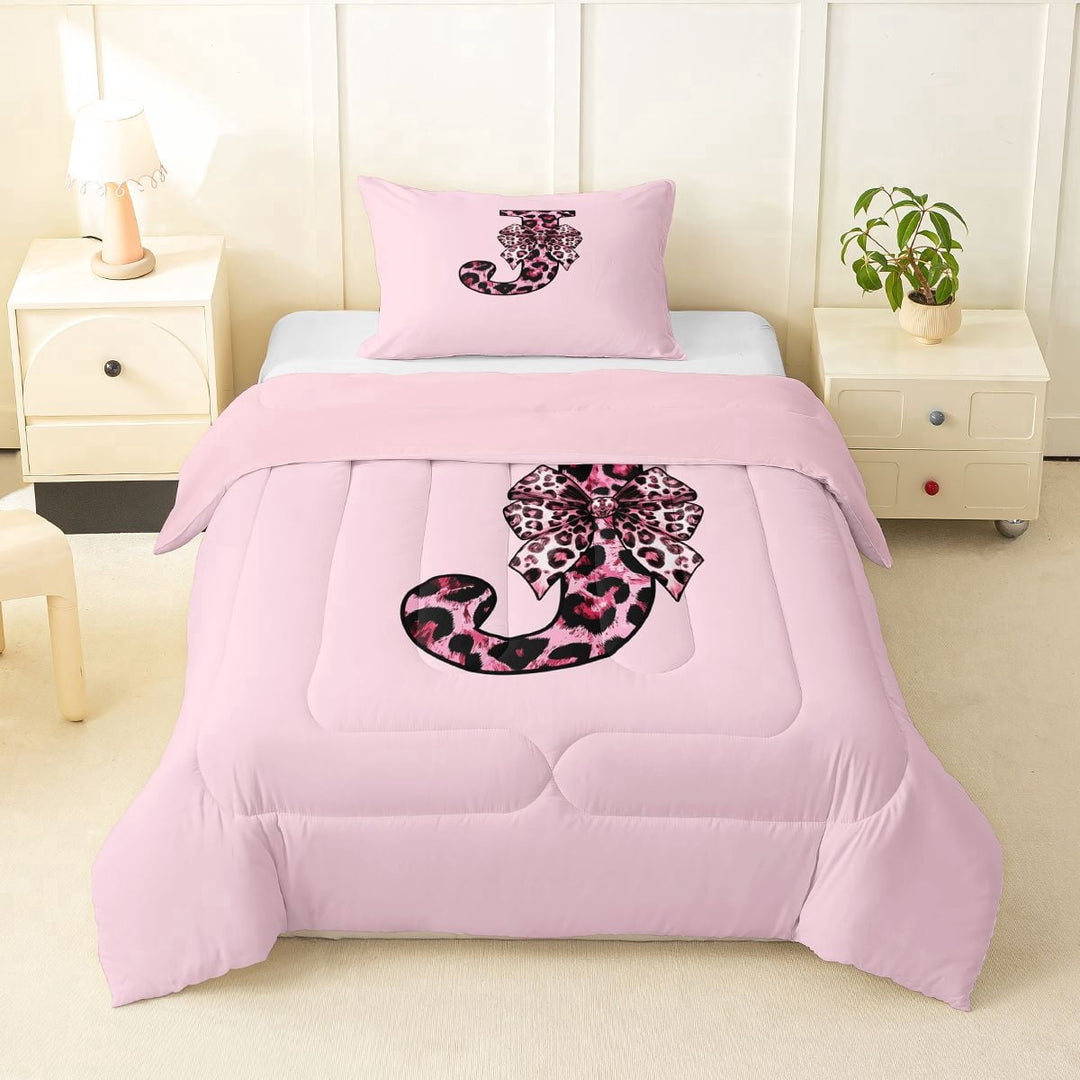 Erosebridal Cheetah Print J Personalized Initial Twin Comforter Sets 3-Piece For Teens,Girls Vintage Leopard Print Bowknot Bedding Set,Pink Reversible