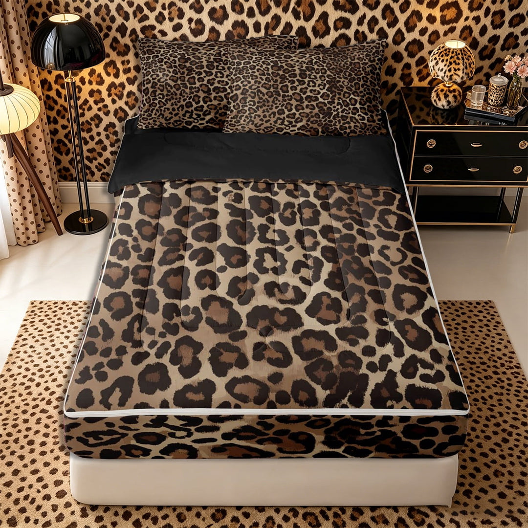 Meiyoeat Boho Leopard Print Zipper Full Size Comforter Sets with Fitted Sheet and 2 Pillowcases, Neutral Animal Spot Pattern Zipper Bedding Set, Brown Beige,4pcs,Black Reversible