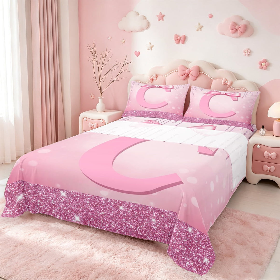 jejeloiu Personalized Gifts Bow Twin Sheet Sets,Letter C Twin Fitted Sheet,Pink Bling Print Flat Sheet For Children,Lightweight Room Decoration,3 Pieces