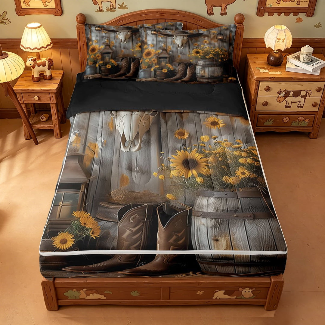 meiyoeat Rustic Cowboy Style Zipper Full Size Comforter Sets with Fitted Sheet and 2 Pillowcases For Boys,Cute Floral Sunflower Zipper Bedding Set,Reversible,4 Pieces