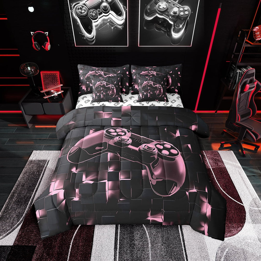 Gamer Twin Comforter Set 7-Piece Pink Black Bedding Comforter Sets Video Game Gaming Bed in a Bag Neon Futuristic Cube Bed Set Abstract Line Bedding Sets &amp; Collections