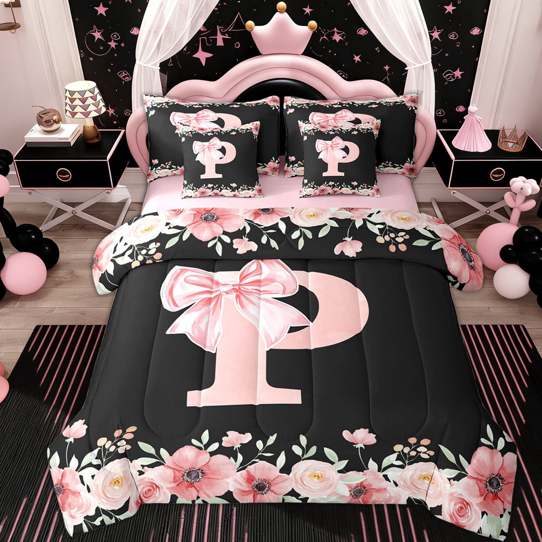 Erosebridal Cute Bowknot Floral Twin Bedding Sets 7-Piece, Black Pink Initial P Bedding Comforter Set