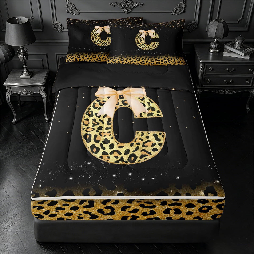 meiyoeat Leopard Bow Monogram C Zipper Full Size Comforter Sets with Fitted Sheet and 2 Pillowcases,Chic Glitter Print Letter Design Zipper Bedding Set For Girl,Black Reversible,4 Pieces