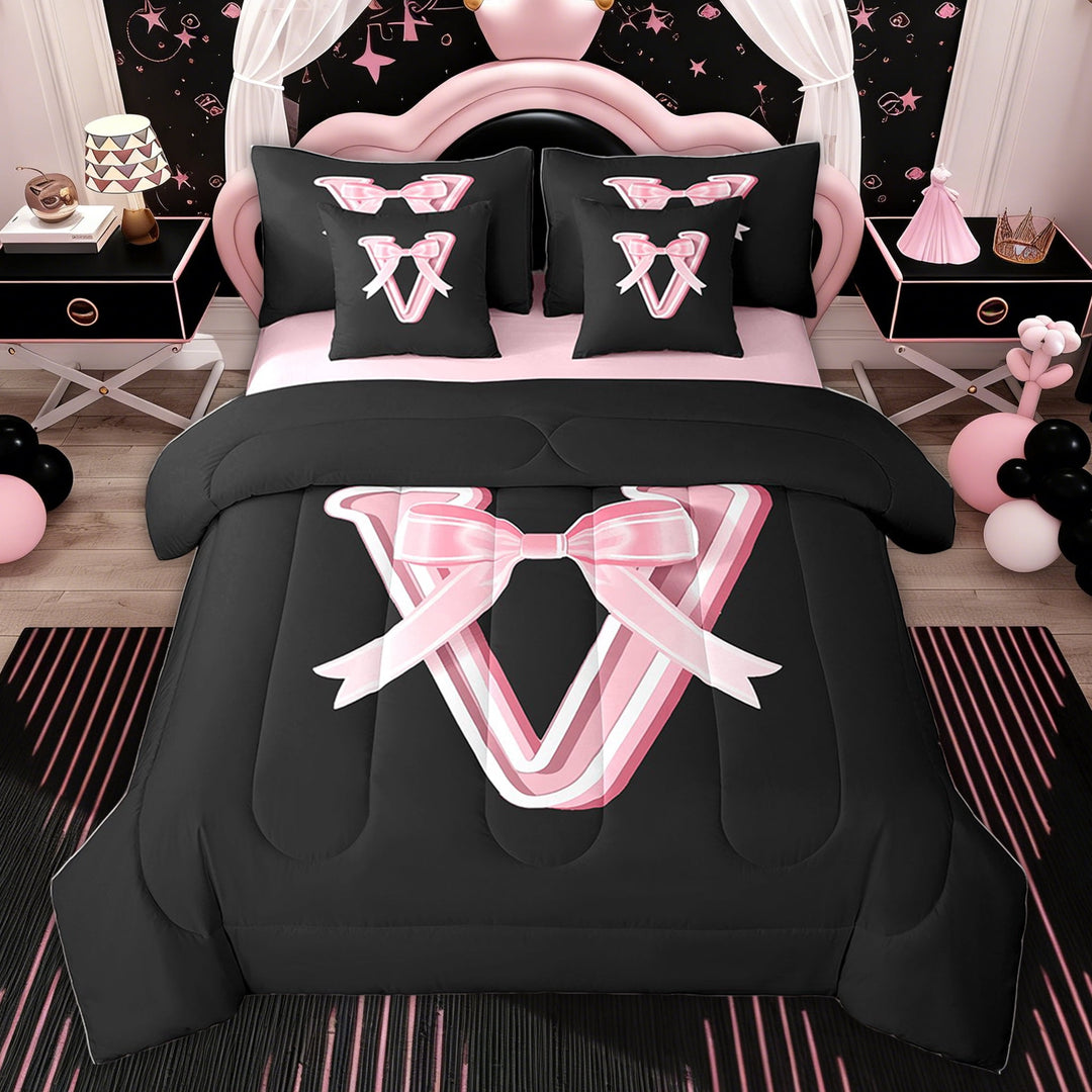 Erosebridal Monogrammed V Bedding Twin Size for Girls, Initial Letter Bedding Sets Twin Size, Princess Bow Reversible Bed Set, 7 Pieces