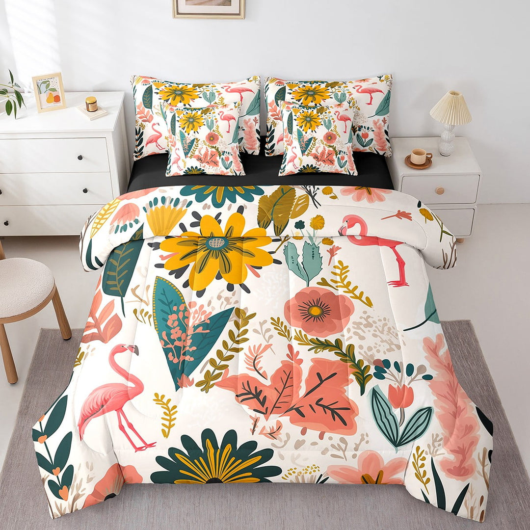7-Piece Hippie Floral Bedding Comforter Sets Chic Flamingo Bed in a Bag, Tropical Plant Queen Bedding Sets Women Botanical Leaves Comforter Set, Watercolor Flower Bedding Sets &amp; Collections