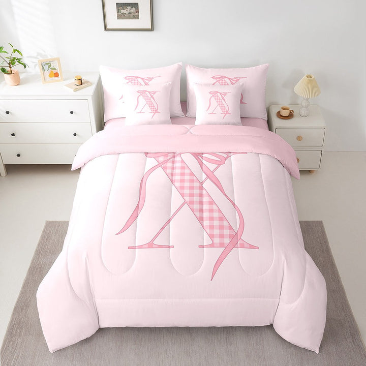 Erosebridal Princess Bow Bedding Twin Size, Pink Buffalo Bed in a Bag Twin size, Initial X Letter Decor, Reversible 7-Piece