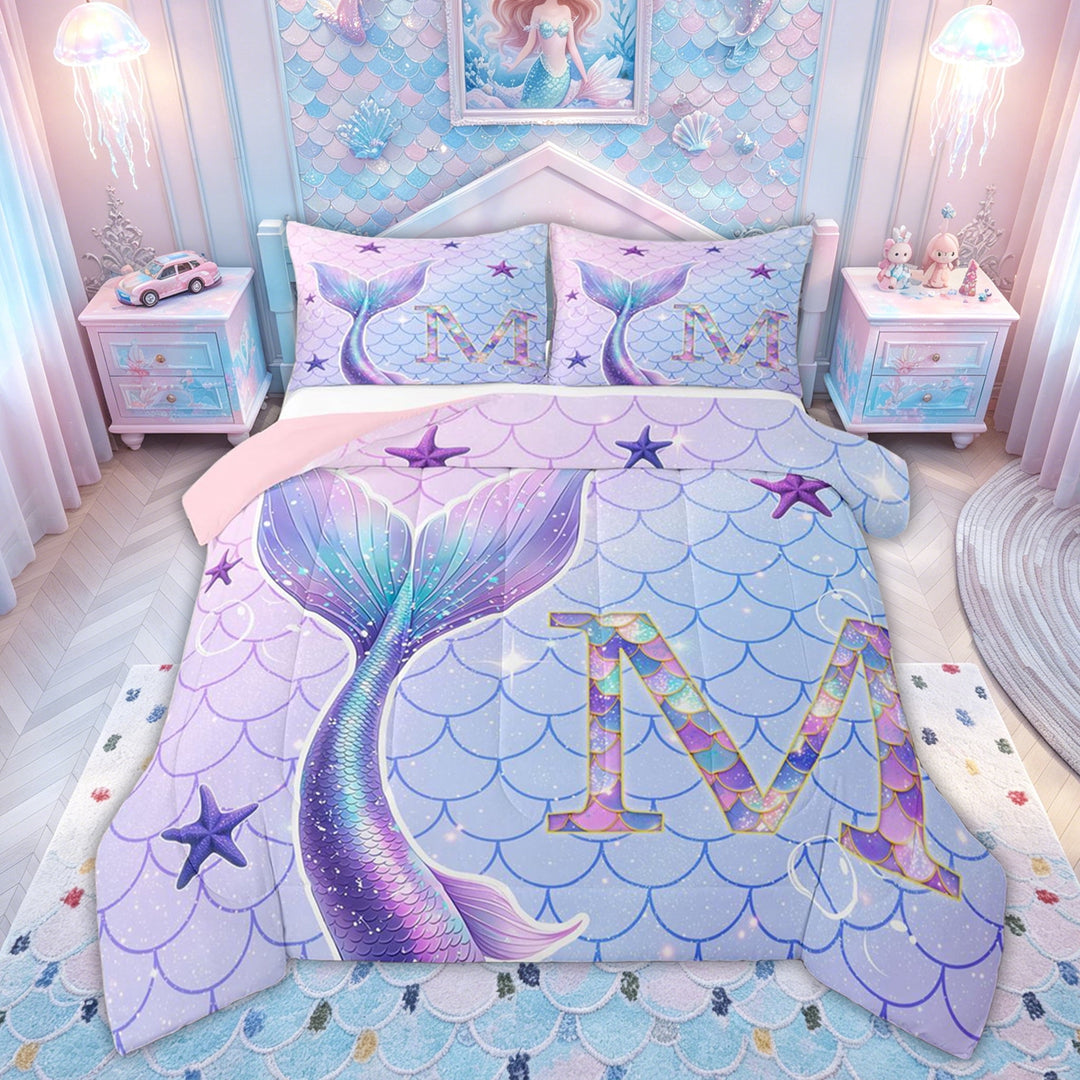 meiyoeat Mermaid Scale Letter M Full Size Comforter Sets for Kids Girls, Marine Starfish Bedding Comforter Set, Purple Blue, Pink Reversible 3pcs, 1 Comforter and 2 Pillowcases