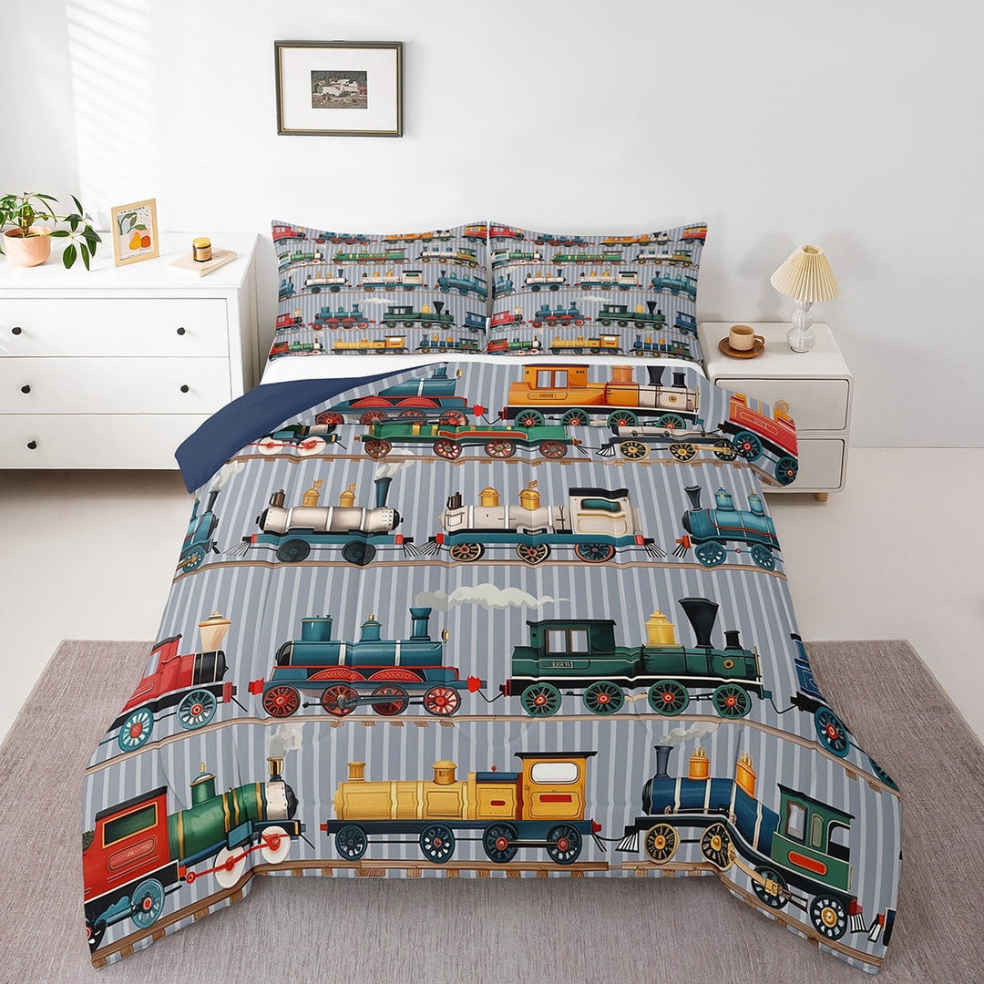 Erosebridal Train Comforter Set Twin Size Colorful Steam Engine Train Bedding Sets Cartoon Train Transportation Comforter with 1 Pillow Case,Gray, Green, Blue, Yellow, White