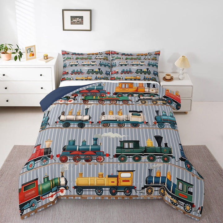 Erosebridal Train Comforter Set Twin Size Colorful Steam Engine Train Bedding Sets Cartoon Train Transportation Comforter with 1 Pillow Case,Gray, Green, Blue, Yellow, White