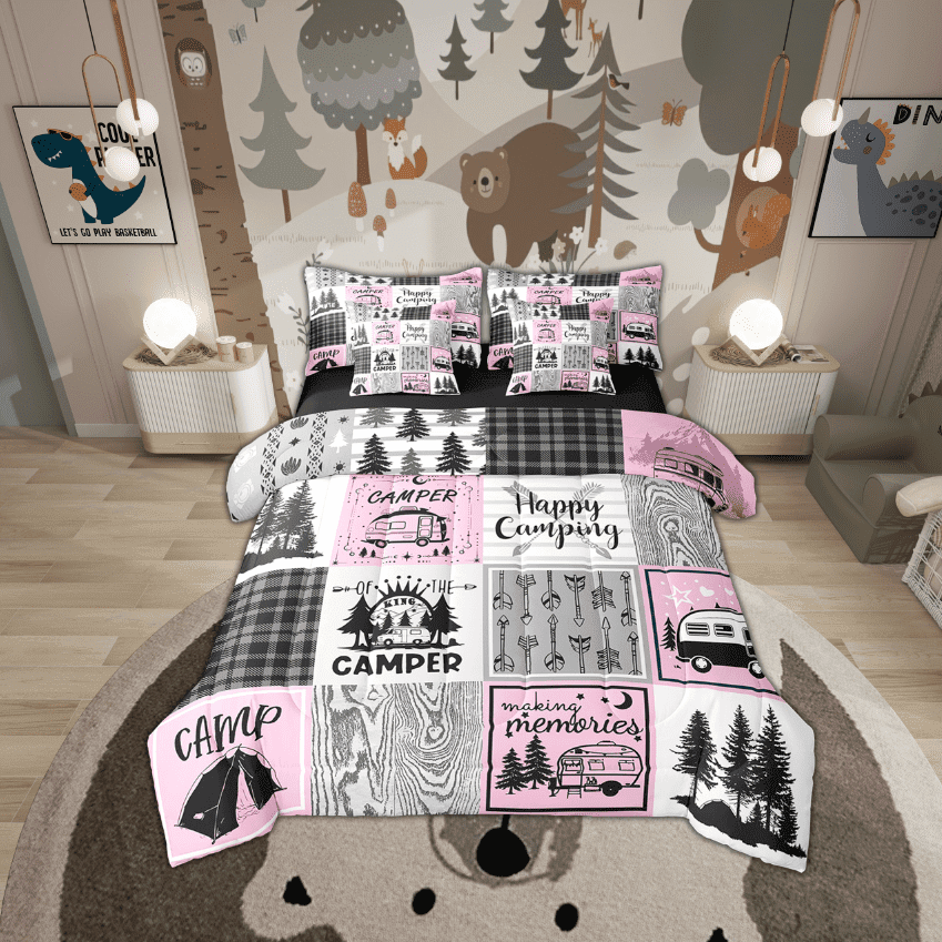 Erosebridal Pink Camper King Bedding Set With Sheets 7 Piece Camping Comforter Set Rv Camper Accessories For Travel Trailers Bed In A Bag,Black Grey Buffalo Plaid Pine Tree Arrow Bed Set