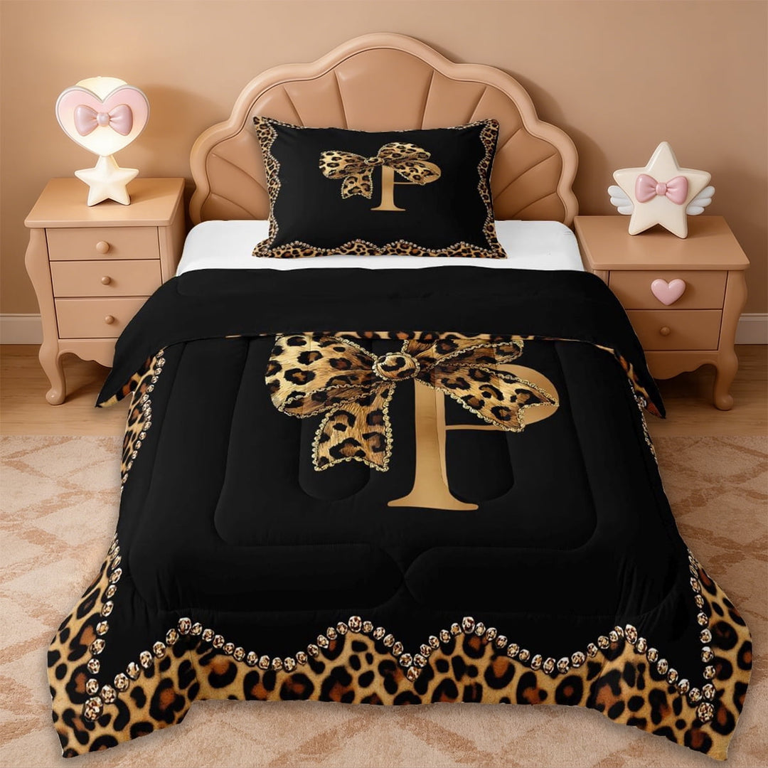 Erosebridal Cheetah Print Bowtie Twin Comforter Sets For Women Girls,Letter P Monogrammed Bedding Set For Kids,Reversible black,2pcs