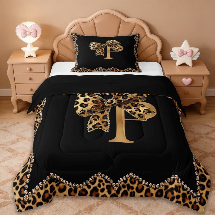 Erosebridal Cheetah Print Bowtie Twin Comforter Sets For Women Girls,Letter P Monogrammed Bedding Set For Kids,Reversible black,2pcs