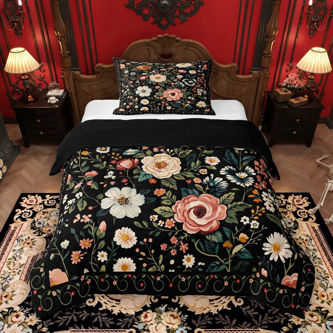 Erosebridal Tropical Floral Twin Comforter Sets, Vintage Flower Bedding Set for Girls, Black, Black Reversible, 1 Comforter and 1 Pillowcase
