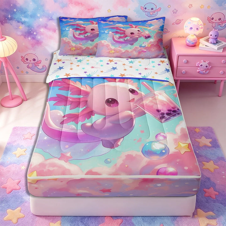 Meiyoeat Kawaii Dreamy Axolotl Zipper Twin Comforter Sets with Fitted Sheet and 2 Pillowcases, Whimsical Rainbow Cloud Pattern Zipper Bedding Set, Pink Blue,4-Piece