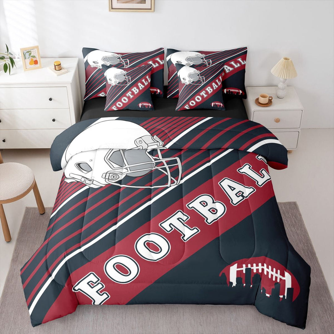 American Football Comforter Set Twin Size, 3D Rugby Helmet Bedding Bed In A Bag(Comforter+Fitted+Flat Sheet+2 Pillowcases+2 Throw Pillow Covers) 7Pcs Sports Themed Bed Set, Houston