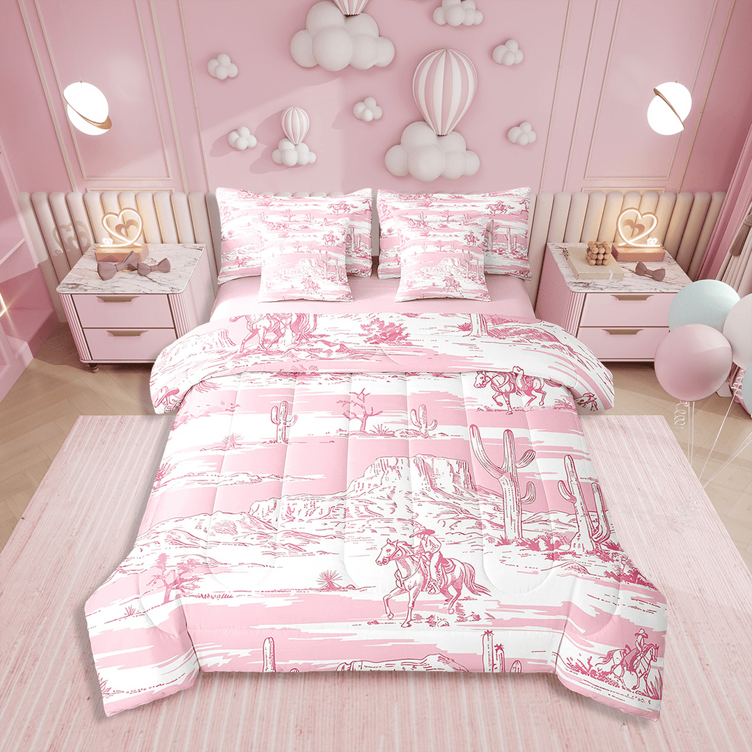 7 Piece Western Bedding Sets Full Size,Pink Cowgirl Cowboy Horse Comforter Set Room Decor,West Style Country Cactus Bed Set with Fitted Sheet,Flat Sheet,Pillowcases