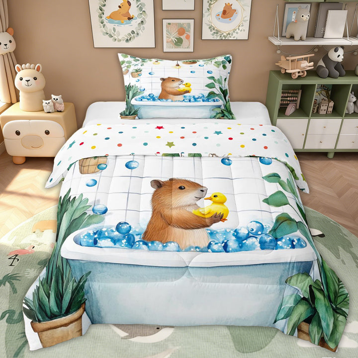 Erosebridal Kid Summer Capybara Twin Comforter Sets, Eucalyptus Leaves Bedding Set, Green, 2 Pieces