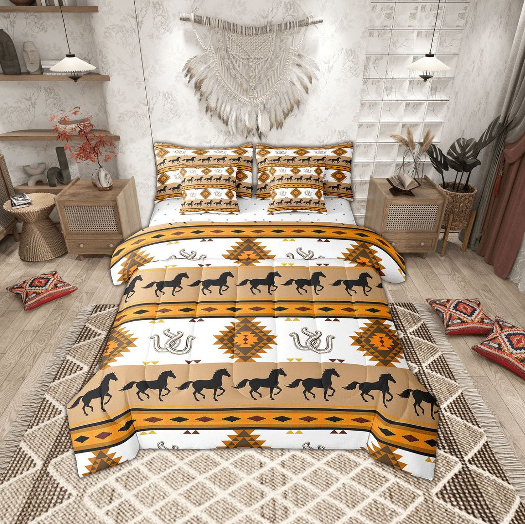 Erosebridal Rustic Farmhouse Horse Bed in a Bag Twin Size, Brown Aztec Bed Set, Lodge Cabin Bedroom Decor, Reversible 7 Pieces