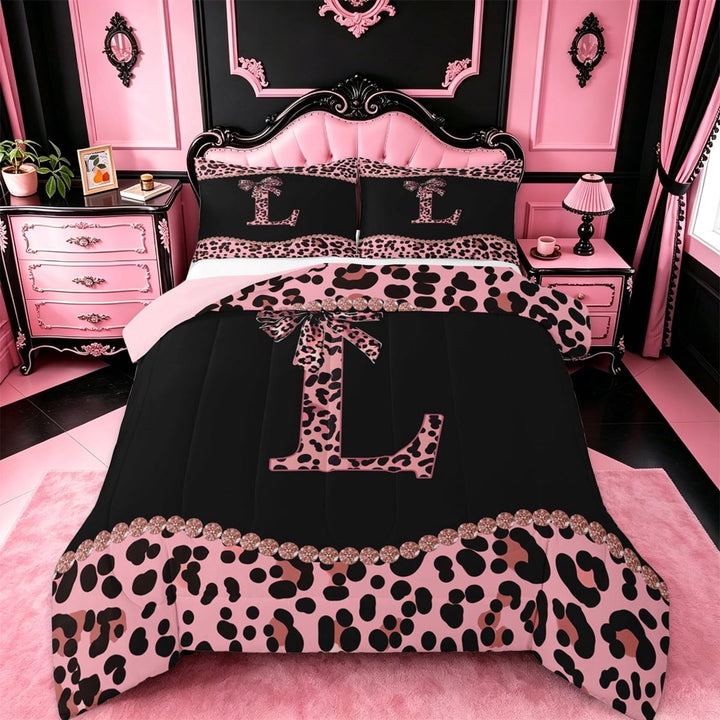meiyoeat Pink Monogram L Full Size Comforter Sets For Girls,Fashion Leopard Pattern Bedding Sets For Kids,pink Reversible,3-Piece