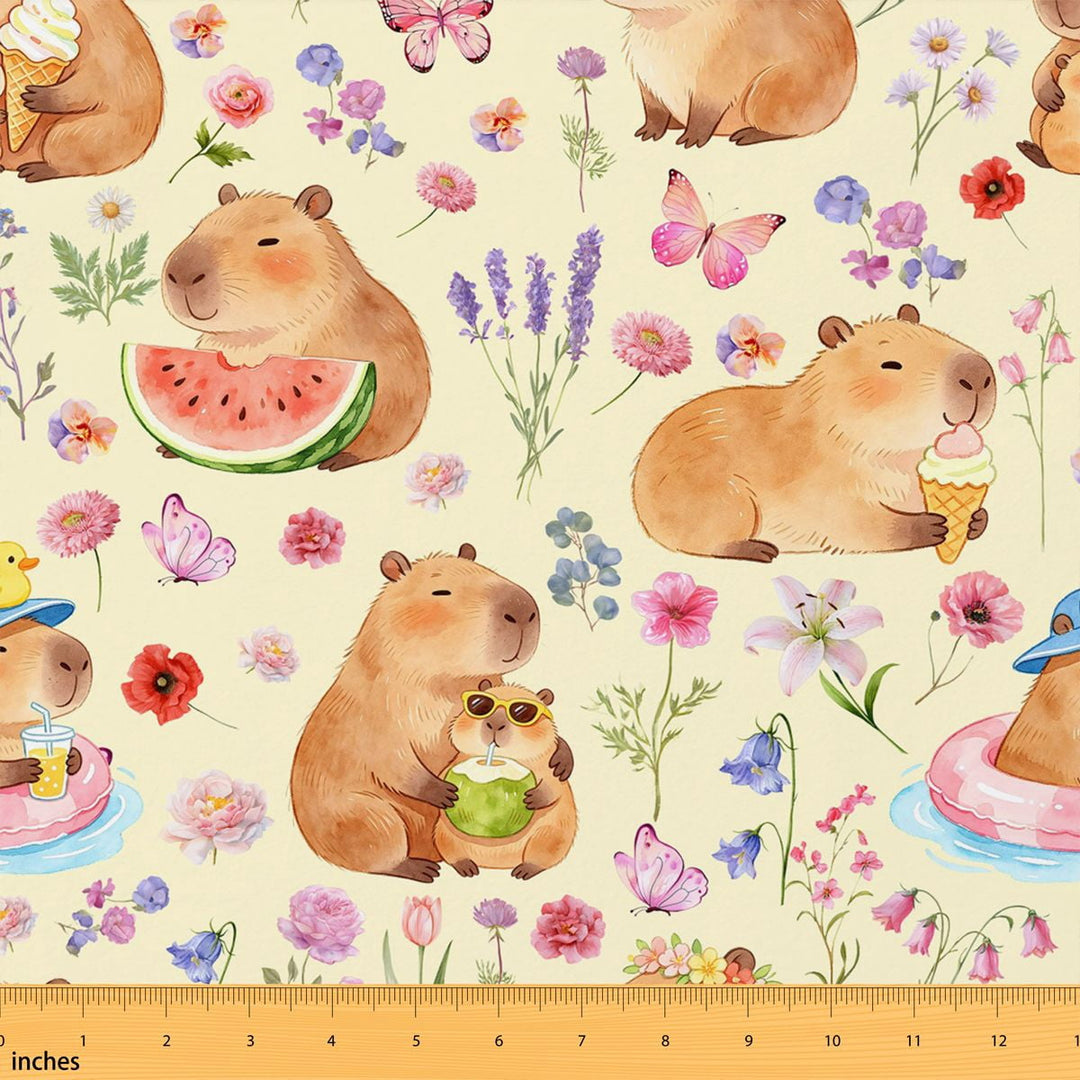 Manfei Kawaii Capybara Fabric by the Yard 2 Yards, Cartoon Floral Sewing Fabric, Pale Yellow Capybara Floral
