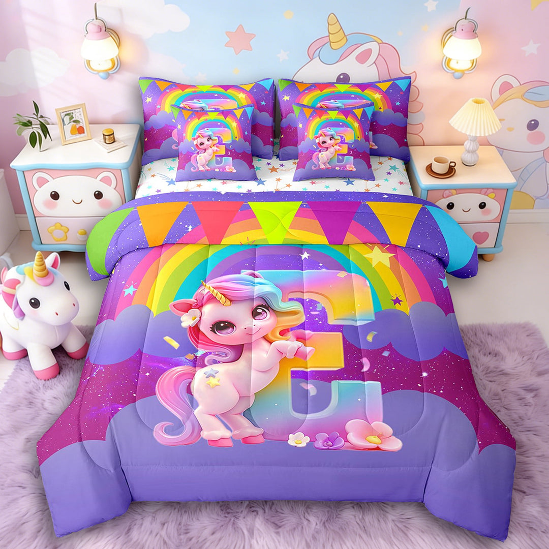 Manfei Cartoon Unicorn 7 Pieces Bedding Comforter Set,Kawaii Initial Full Bedding Set Lightweight,Rainbow Stars Fitted Sheet Flat Sheet,Microfiber Cute Room Decor,Reversible