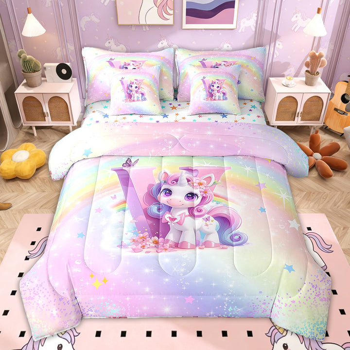 Erosebridal Girly Rainbow Unicorn Bedding Twin Size for Kids Girls, Romantic Initial V Bedding Sets Twin Size, Colorful Stars Reversible, 7pcs