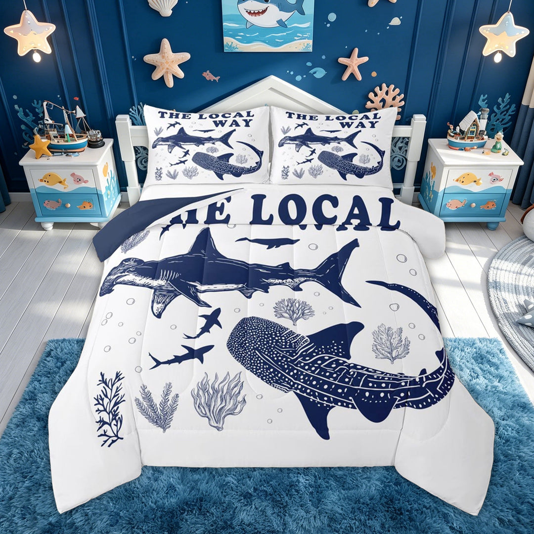meiyoeat Ocean Shark Full Size Comforter Sets for Kids Boys, Ocean Quote Bedding Comforter Set for Bedroom, Navy White, Blue Reversible, 3-Piece
