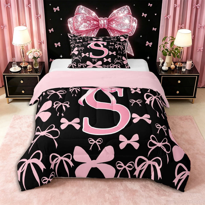 Erosebridal Letter Monogrammed S Twin Comforter Sets 3-Piece,Kawaii Ribbon Bow Bedding Set,Pink Reversible,Breathable Home Decor