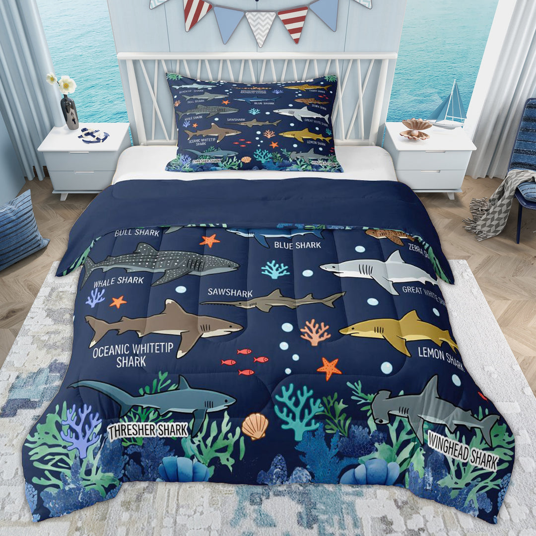 Erosebridal Kids Cartoon Ocean Fish Twin Comforter Sets, Cute Shark Lover Bedding Set, Blue Reversible, 2pcs