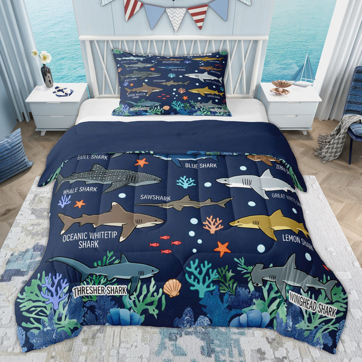 Erosebridal Kids Cartoon Ocean Fish Twin Comforter Sets, Cute Shark Lover Bedding Set, Blue Reversible, 2pcs