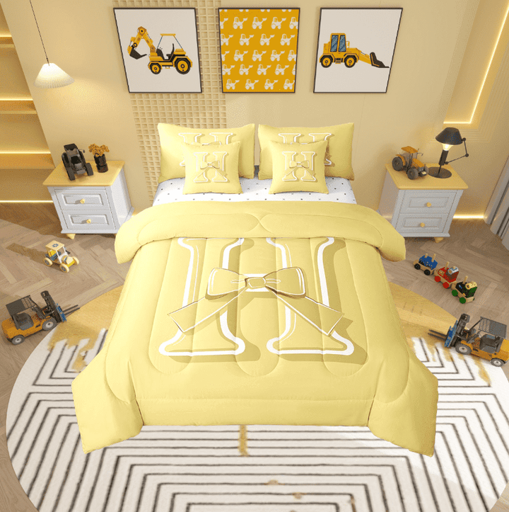 Erosebridal Yellow Bowknot Bedding Sets Twin Size, Initial Letter H Comforter Sets with Sheets, Cartoon Monogrammed Reversible Bed Set, Breathable Bedroom Decorative, 7 Pieces
