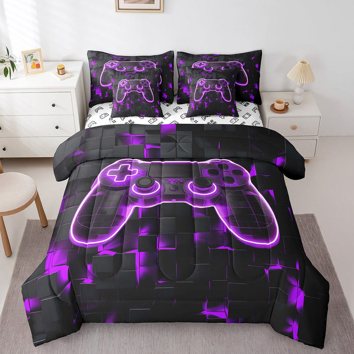 Gaming Bed in a Bag for Boys Kids Gamer Room Bedding Comforter Sheet Set 7 Piece, Purple Geometry Honeycomb Print Bed Set Abstract Plaid Cushiom Covers, Gamepad Controller Fitted Sheet Twin Size