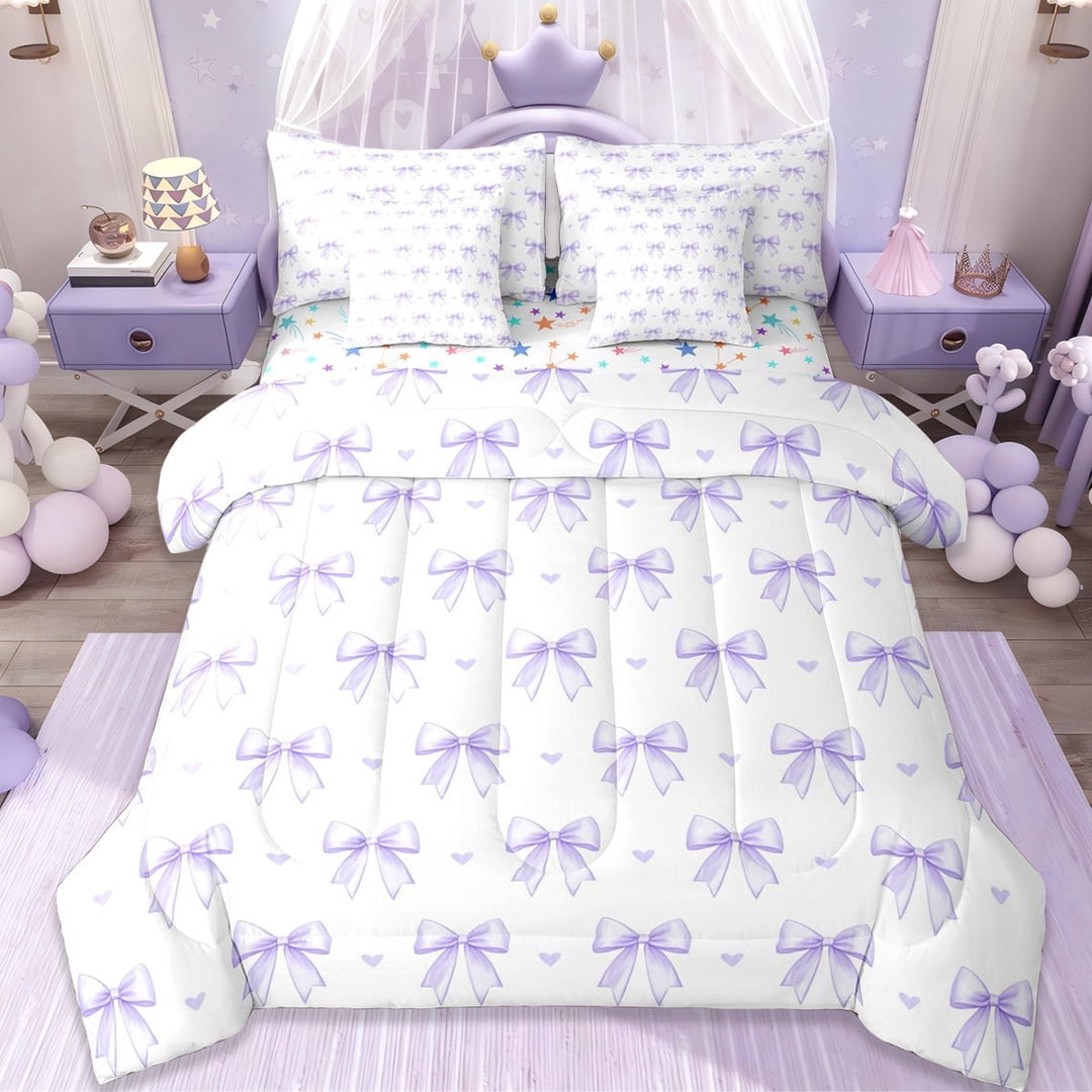 Erosebridal Ribbon Bow 7-Piece Twin Bedding Sets For Girls Teens,Girly Bowknot Bedding Comforter Set,White Purple,Reversible