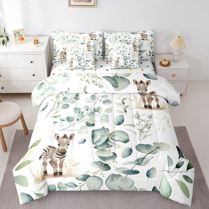 YST Cute Zebra Twin Comforter Set 7 Pieces for Kids Green Eucalyptus Bedding Comforter Sets, Woodland Animal Wildlife Bed in a Bag Botanical Leaves Bedding Set, Cartoon Horse Bed Sheets Set