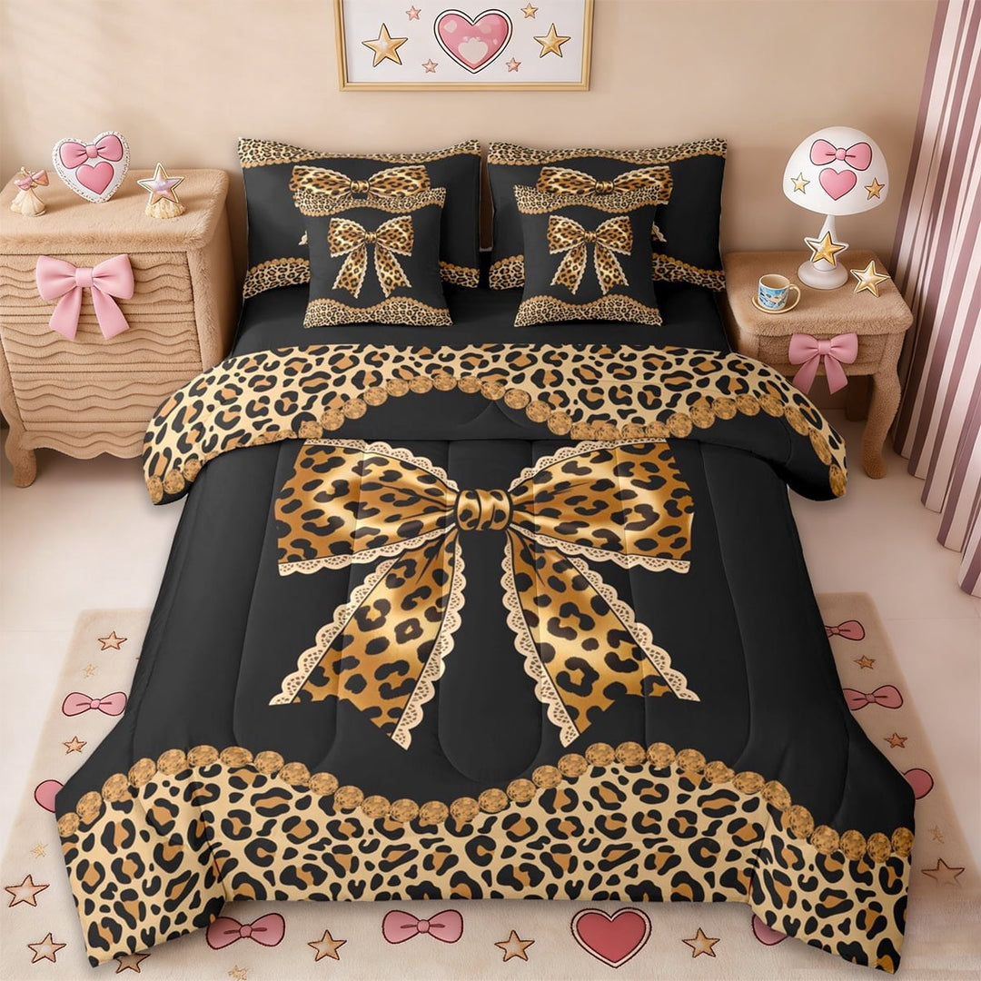 Erosebridal Fashion Leopard Print Bowtie Kids 7-Piece Twin Bedding Sets,Cheetah Pattern Theme Bowknot Bedding Comforter Set For Girls,Black Reversible